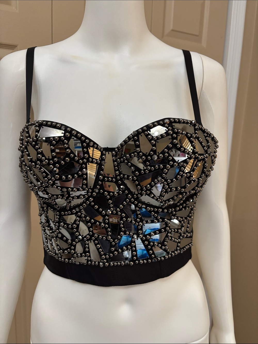 Embellished Black Mirror-Detail Crop Top